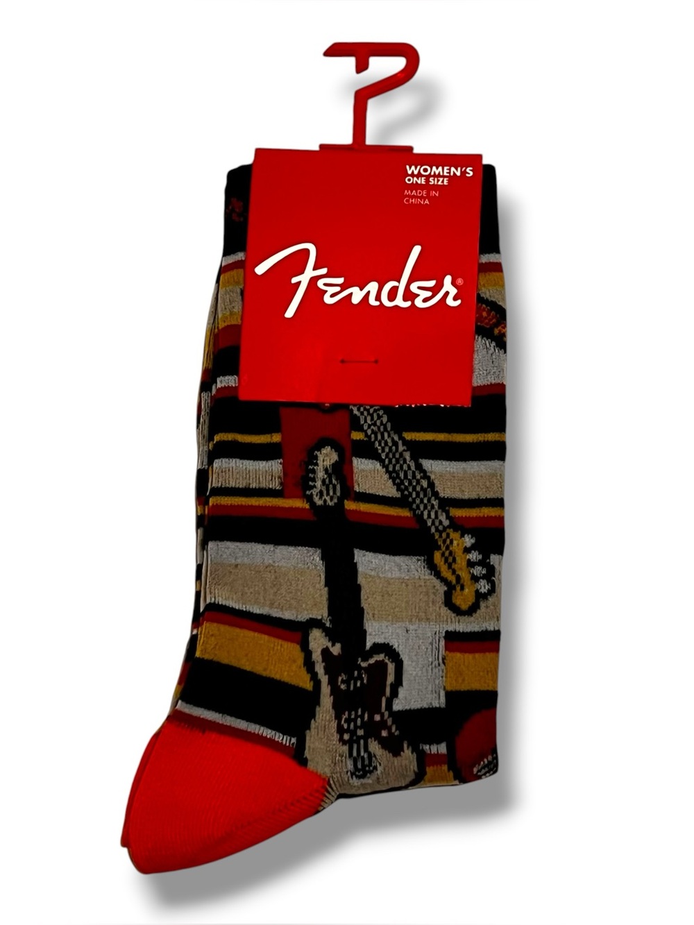 NEW-Fender Musical Womens O/S Music Fender Guitar Graphic Novelty Crew Socks D-8